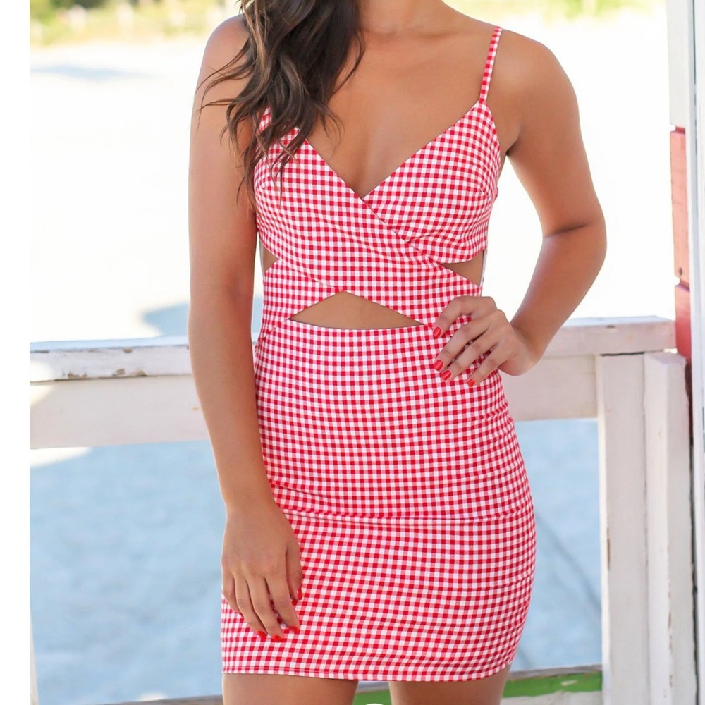 NWT New Gingham RED CHECKERED SHORT Mini Summer Tank Dress Wrap Picnic Top